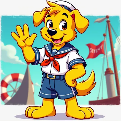 An image of Sidney dressed in a sailor suit with a red neckerchief and his tail wagging rapidly