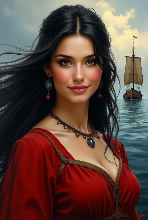 Female portrait, full body, Beautiful Nordic woman, wearing traditional Viking gear,  long black hair flowing in the wind, smiling eyes, Looking at camera, smiling mouth, red dress with a low neckline, acrylic painting, Bold and expressive brushstroke, imp...