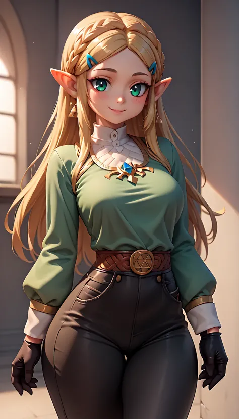 High resolution, Very detailed, perfect lighting, beautiful detailed eyes,   ((masterpiece,Best Quality)), absurdities, alone,     princess zelda, by the width, crown braid, Hair clip, pointy ears, Green shirt, long sleeves, Gloves without fingers, black gloves, Black pants, tight pants, smile, curves, nod,   ,  deep neckline, deep neckline 