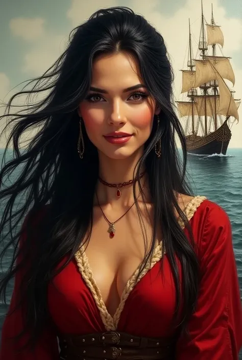 Female portrait, full body, Beautiful Nordic woman, wearing traditional Viking gear,  long black hair flowing in the wind, smiling eyes, Looking at camera, smiling mouth, red dress with a low neckline, acrylic painting, Bold and expressive brushstroke, imp...