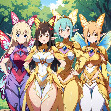 anime, fairy girls, elf's ears, butterfly's wings, body-armor, detailed body-armors, curvy body, multiple girls,  girls surround...