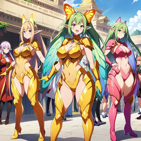 anime, fairy girls, elf's ears, butterfly's wings, body-armor, detailed body-armors, curvy body, multiple girls,  girls surround...