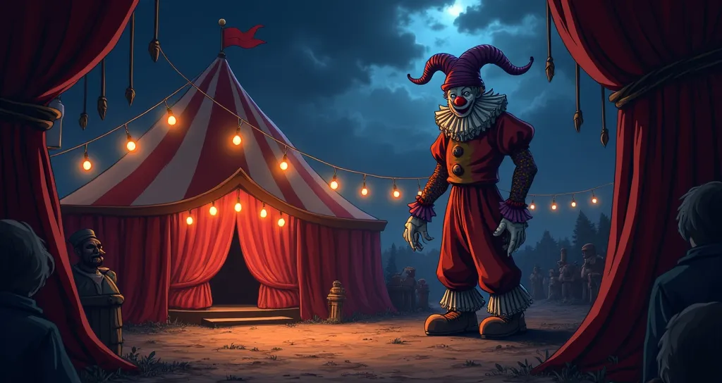 circus, clown, inside tent, main attraction, showcase circus, cel shaded, cartoon, ominous, hand drawn, night coloring, color grading for shading depth, surreal
