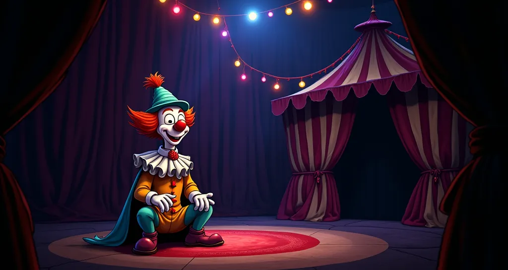 circus, clown, inside tent, main attraction, showcase circus, cel shaded, cartoon, ominous, hand drawn, night coloring, color grading for shading depth, surreal
