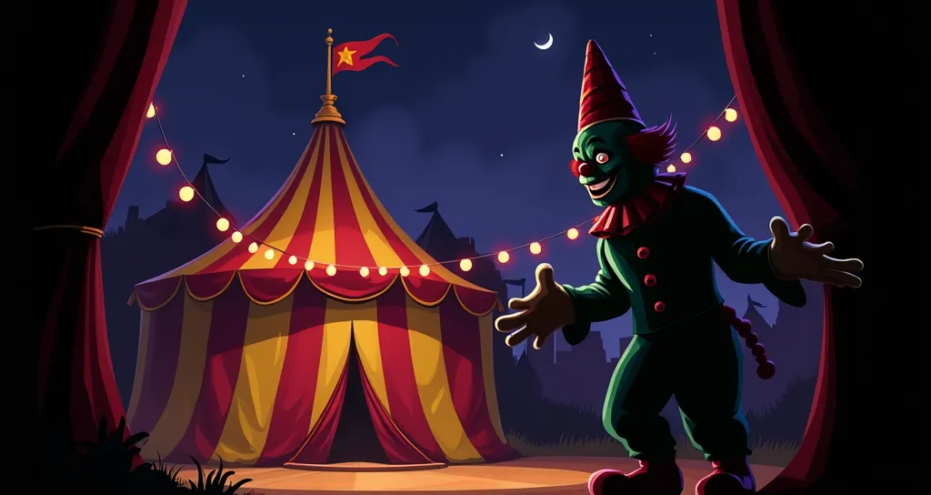 circus, clown, inside tent, main attraction, showcase circus, cel shaded, cartoon, ominous, hand drawn, night coloring, color grading for shading depth, surreal
