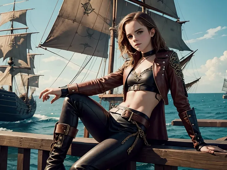 teen emma watson as a sexy pirate girl sitting on a fence. night. tight intricate leather pirate costume. crop top. athletic. background pirate ship.