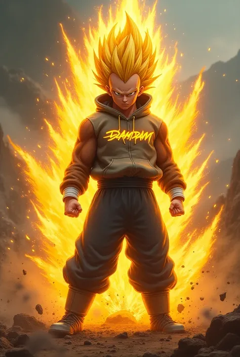 végéta Super Saiyan avec un pull à capuche Lacoste  avec écrit Damdam en fluo récent