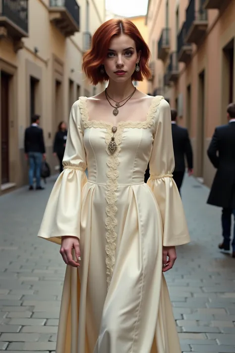 Photograph of a sensual woman, short red hair, goth makeup, medieval-style cream-white bell-sleeves dress, walking on a street in medieval Toledo. 