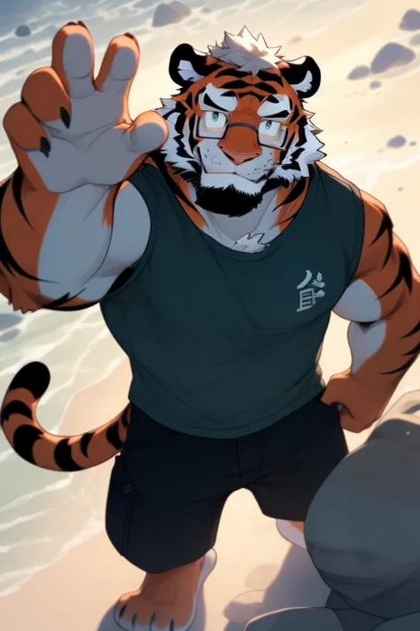 hairy, (red fur:1.3), (tiger) ，(Black-rimmed glasses:1.3)，solo, male, full body picture, dynamic poses, detailed background, Very detailed, lifelike, masterpiece, , barefoot, Visual audience, illustration, masterpiece, looking at the camera, three-point perspective, (from above:1.3),(hand reaching towards to the camera:1.3), Standing on a boulder, , dawn , The look of perseverance, Shirt, smile, one hand in the pocket