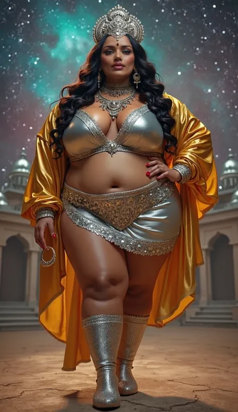 Create a according to Indian Mythology erotic latex mini satin Silver skirt Goddess with Hourglass navel but chubby plus size body,chubby cheeks,big clavage, big thighs goddess , who wearing silver satin mini skirt with Satin golden Full arms blouse long b...