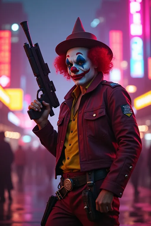 Movie poster, Han Solo dressed as a clown and holding a blaster, a circus in a cyberpunk town, colorful and beautiful neon lights,