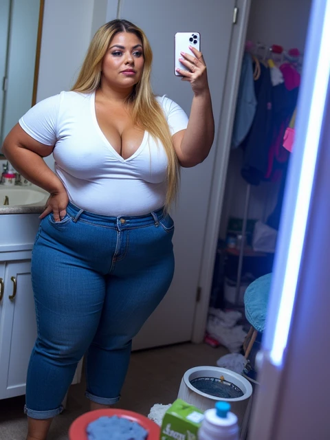 40 year old chubby North American blonde woman taking a mirror selfie in her bathroom, wearing white neckline t-shirt with no bra underneath and blue jeans pants, busty cleavage, visible big cleavage, daily long blonde straight hair, big large breasts, big...