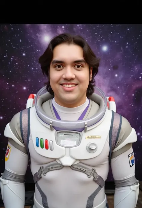 Man wear buzz lightyear costume. Astronaut suit. Real man. Soft light.metal iron man suit. White metal. Background galaxy. Spandex suit white purple buzz lightyear costume. Buff body suit. Man pose. Half body shoot. Portrait photo . Smile at front. Long si...