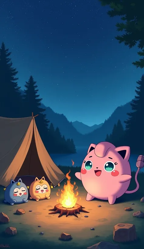 "A playful Jigglypuff serenading a group of sleepy ren during a camping trip under the stars, with a warm campfire illuminating their faces and a tent in the background."