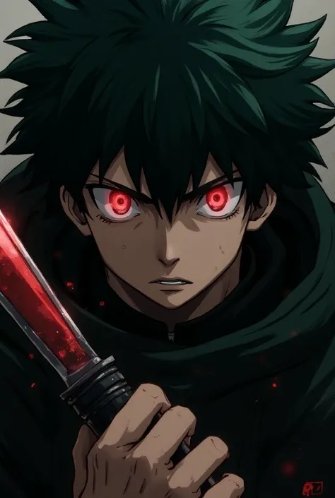 Izuku Midoriya With blood in his eyes with a hood and a knife 