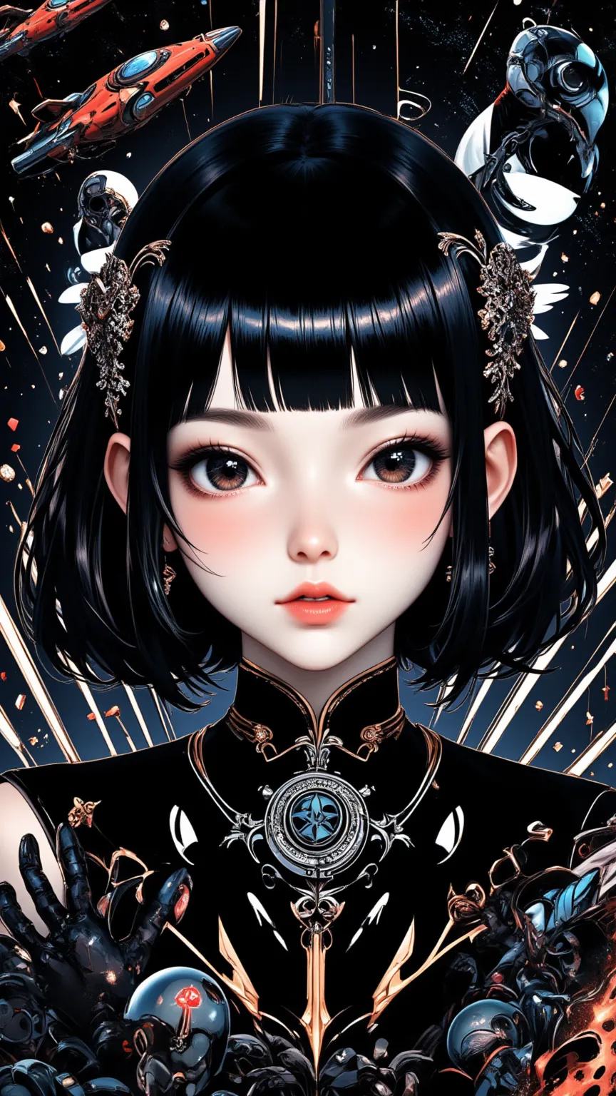 ((best quality)), ((masterpiece)), (detailed), perfect face of cyberpunk mecha japanese girl, young, pure, pale, face blush, big shiny black eyes, shiny black body, shiny black hair, ((monochromatic black color palette)), surreal, art nouveau, in the illus...