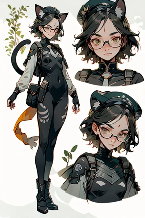 high quality, detailed, beautiful, soft-edged, grinning, frowning, (cat), (cat woman),  special forces, girl short hair (forehea...