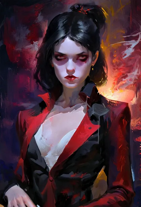 painterly painting of a vampire woman with black hair in a low ponytail, long bangs, red eyes, black and red suit, low light, ba...