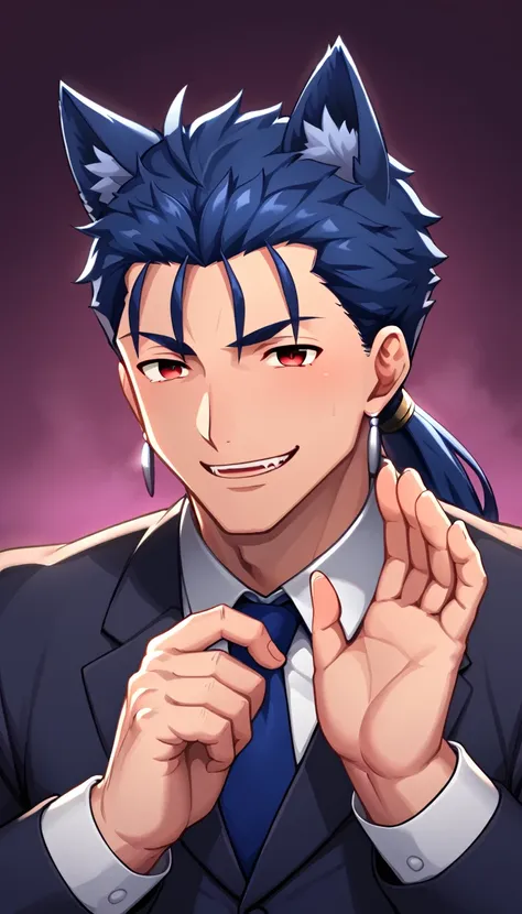 cu chulainn blue lancer a man dressed as a butler with blue wolf ears and tail with a good face, red eyes, a good body with litt...