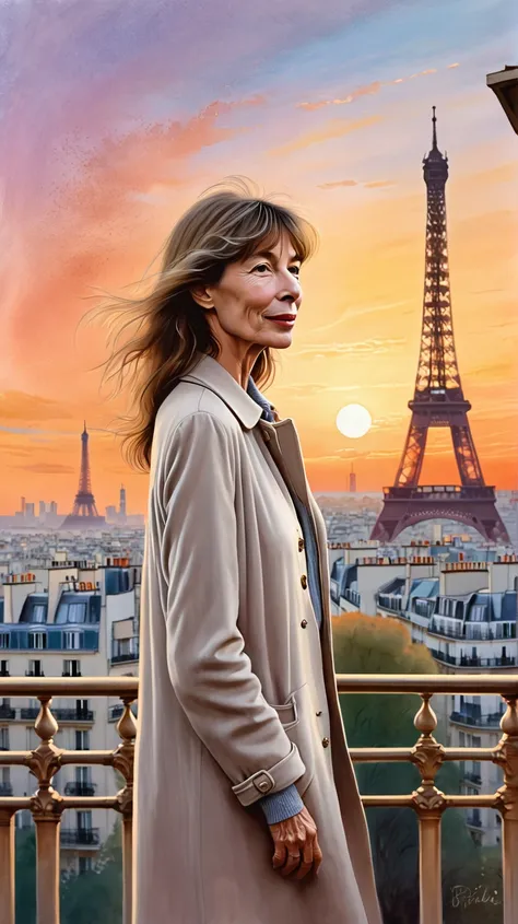 a serene and graceful illustration of an elderly jane birkin standing in front of the paris skyline at sunset, with the eiffel t...