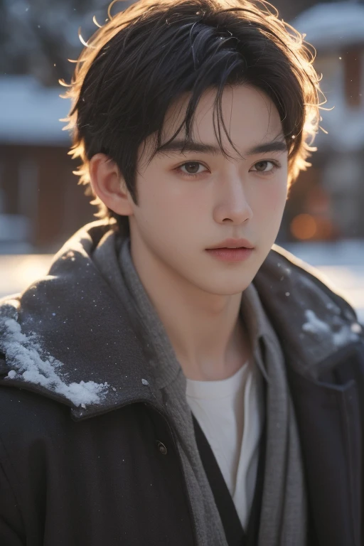 a handsome boy in the snow, high resolution, (realistic:1.4), original photo, half-body shot, in the dark, deep shadows, low-key, cold lighting, extremely handsome, detailed, emotional, clear facial features, well-dressed