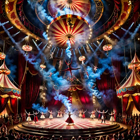 illustration art style, a dramatic circus show that merges classic circus acts with breathtaking illusions, designed for adult a...