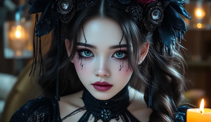 asian girl memo, style of cranberrycore, dark and chaotic, fairy kei, manticore, gothic dark intensity, emphasis on facial expre...