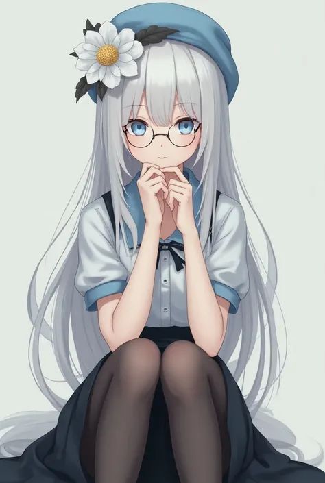 Female character with lenses with a meh face with light blue eyes with white skin and long white hair with a light blue and white beret with a large white flower with a black skirt and a black and white polo shirt and black kitten stockings