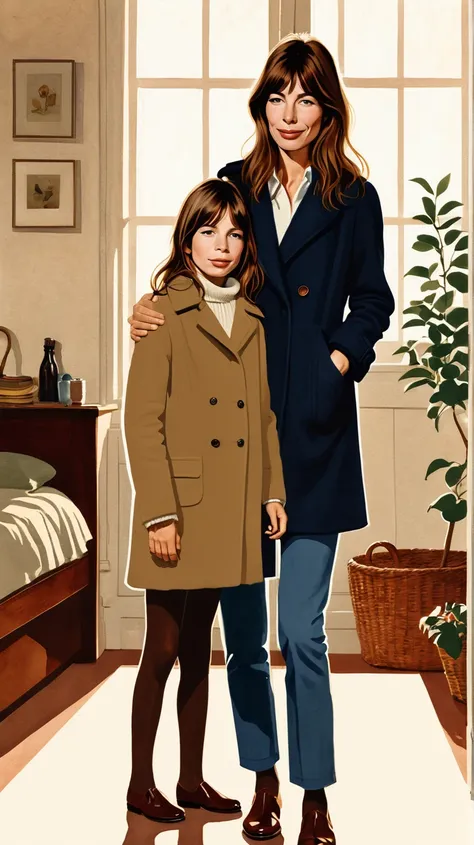 a warm, minimalist illustration of a young jane birkin in her early twenties standing next to her toddler. the pair are in a coz...