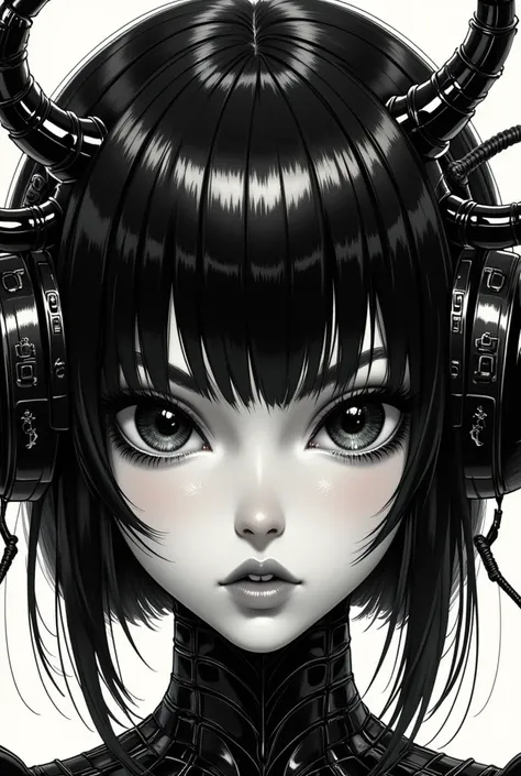 ((best quality)), ((masterpiece)), (detailed), perfect face of cyberpunk mecha japanese girl, shiny black eyes, shiny black body...