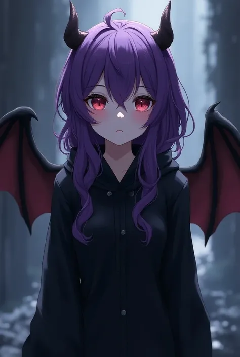  Anime girl with small horns , CABELLO MORADO, bat wings, his clothes cover his whole body
S 