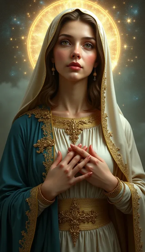 a detailed and beautiful full-body portrait of the Virgin Mary, halo, small breasts, compassionate gaze, beautiful detailed eyes, beautiful detailed lips, extremely detailed face and features, long eyelashes, elegant woman, Virgin Mary, religious imagery, ...