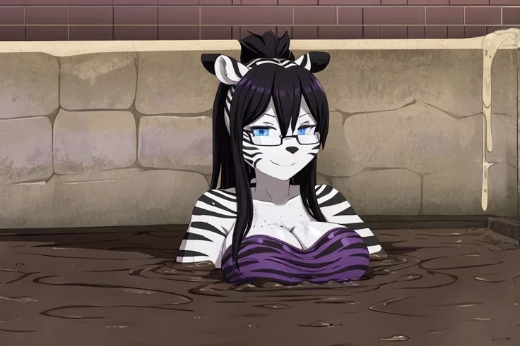 1girl, solo, (furry zebra girl:1.2), huge breast, black hair, blue eyes, (purple tube dress:1.2), strapless, sleeveless, (black glasses:1.2), (oriental:1.2), partially submerged, in mud, flooding up to the chest, upper body, bathtub, jacuzzi, brick wall, (...