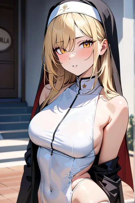 (masterpiece,  best quality :1.5), (Super detailed,  Kampala, 8k,  In beautiful individual details, 超 Kampala,  best anatomy ), ,  blond hair, medium breasts, Nun&#39;s Robe, church, stained glass, cross, Blurred Background, Large Breasts,  blushes,  opens...