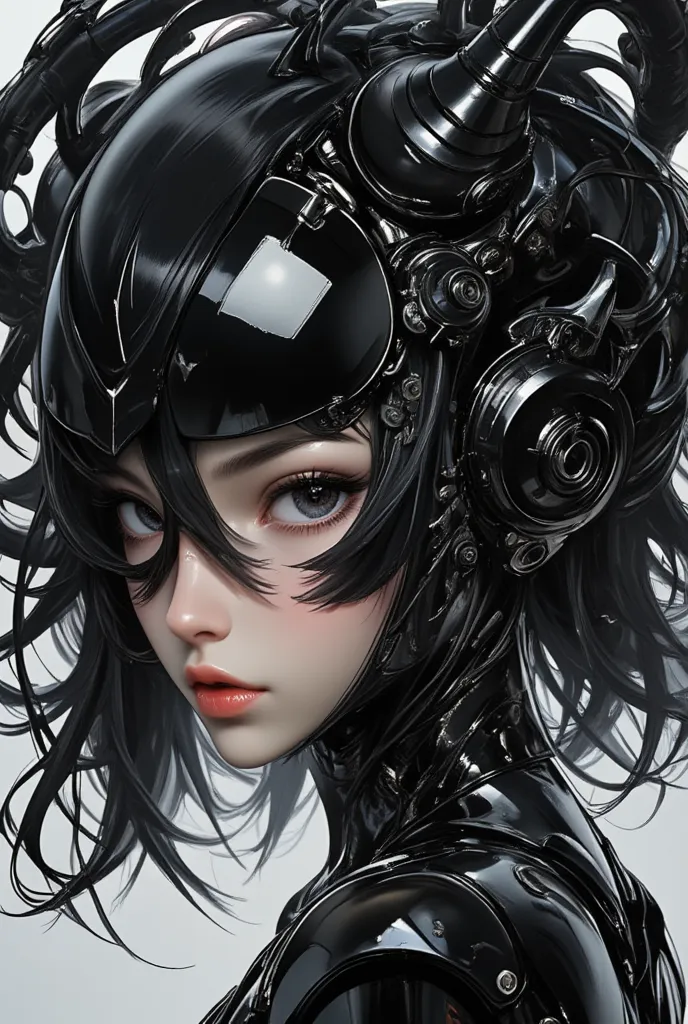 ((best quality)), ((masterpiece)), (detailed), perfect face of cyberpunk mecha japanese girl, shiny black eyes, shiny black body...