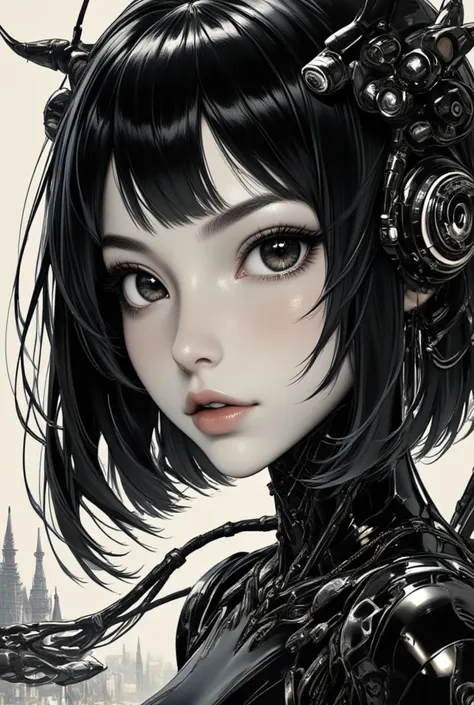 ((best quality)), ((masterpiece)), (detailed), perfect face of cyberpunk mecha japanese girl, shiny black eyes, shiny black body...