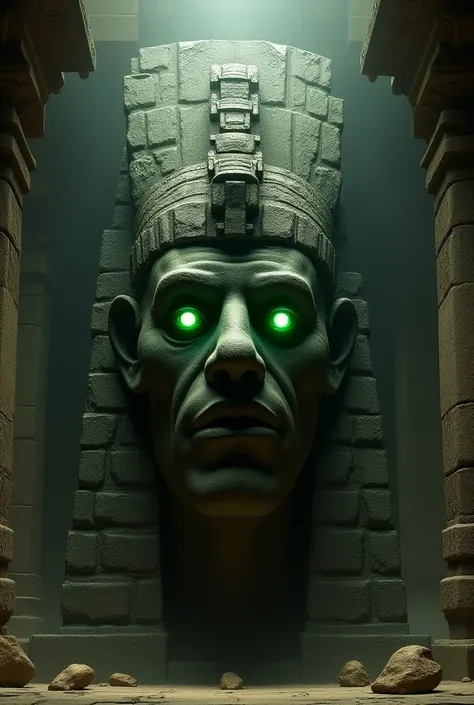 there is a giant stone Aztec statue head in an underground temple, glowing green eyes, big temples, face shown, in a shrine, Aztec elderly male god, no eye pupils, front view, looking down at viewer