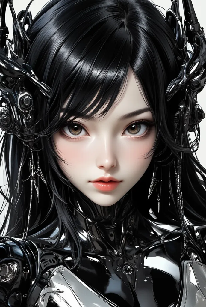 ((best quality)), ((masterpiece)), (detailed), perfect face of cyberpunk mecha japanese girl, shiny black eyes, shiny black body...