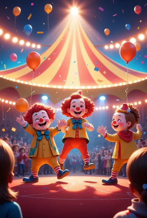 a lively circus performance featuring adorable clowns in bright, colorful costumes, the clowns are juggling, performing tricks, ...