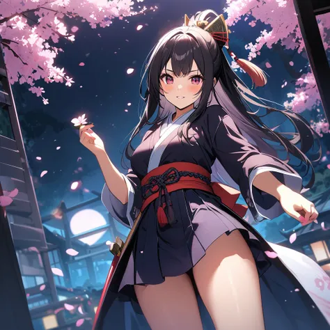 ｛create、 high quality、Highest quality、4K｝、Beautiful woman、 Black Hair 、Female Samurai、warrior、Long Hair、Cherry Blossoms at Night、