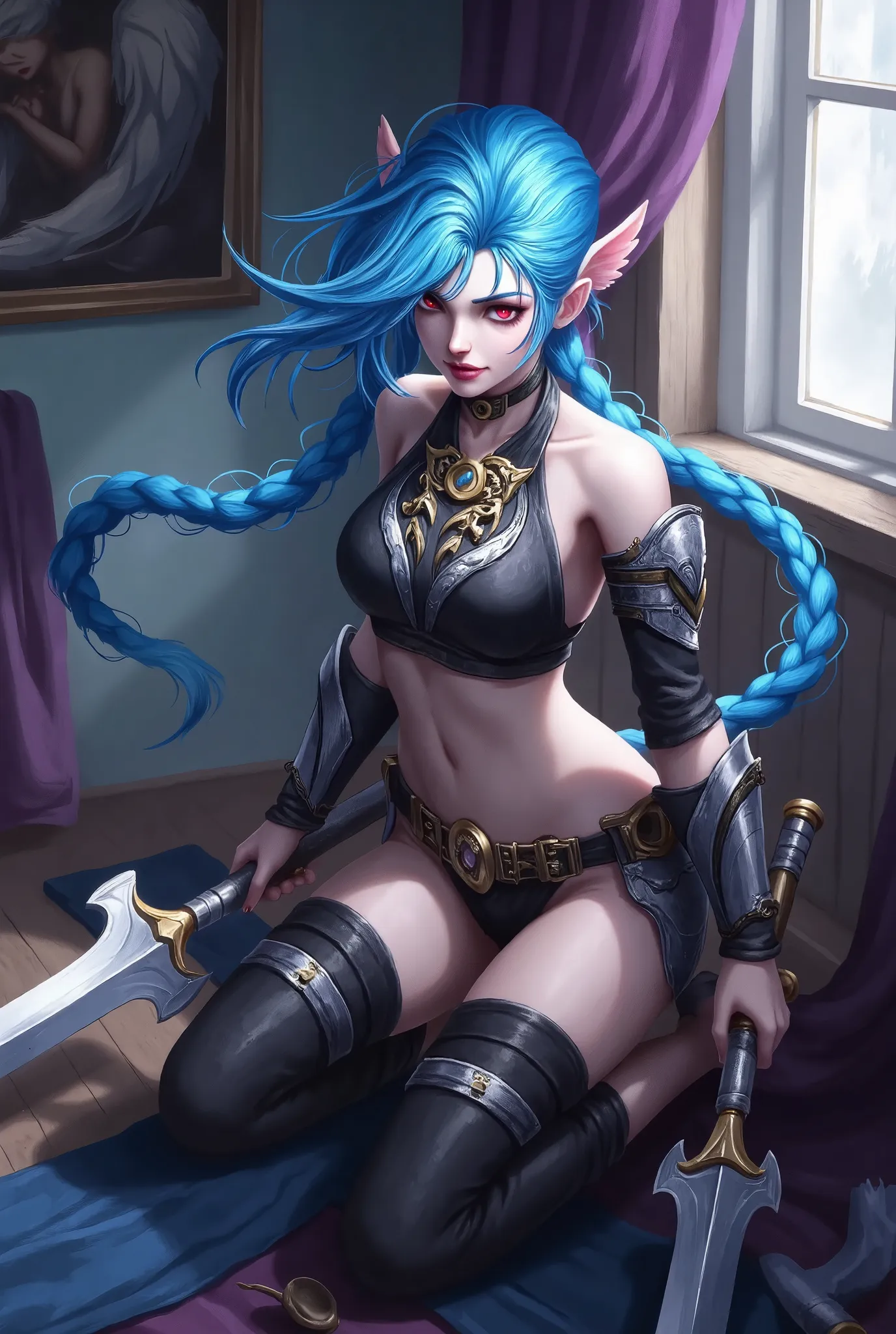 (masterpiece,  best quality:1.2), jinx，valkyrie，  1 girl at home, solitary