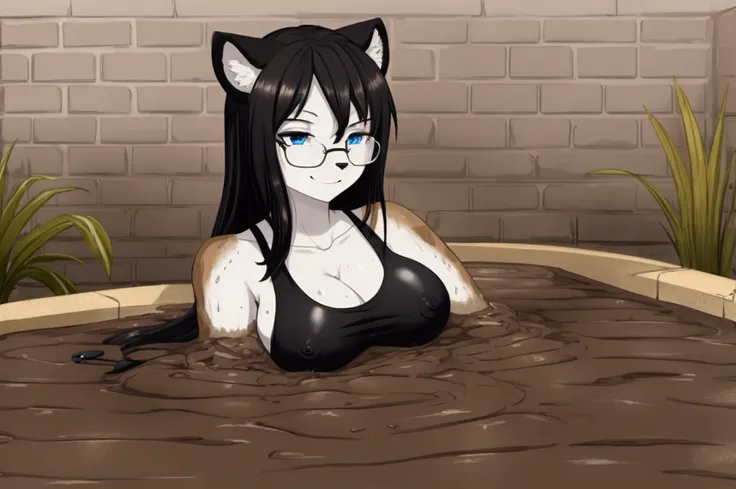 1girl, solo, (furry puma girl:1.2), huge breast, black hair, blue eyes, (white tanktop:1.2), spaghetti strap, (black glasses:1.2), (oriental:1.2), partially submerged, in mud, flooding up to the chest, upper body, bathtub, jacuzzi, brick wall, (mudbath hou...