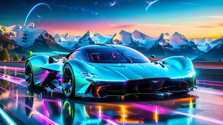 A Masterpiece In 32K Resolution, Supreme Quality, Super Detail, Official Art, Very High-Resolution 32K Wallpaper. Gleaming And Technological, Ultra-Detailed Features. Above, The Sky Is Alive With Glowing Auroras And Vibrant Light Trails. Majestic Mountains...