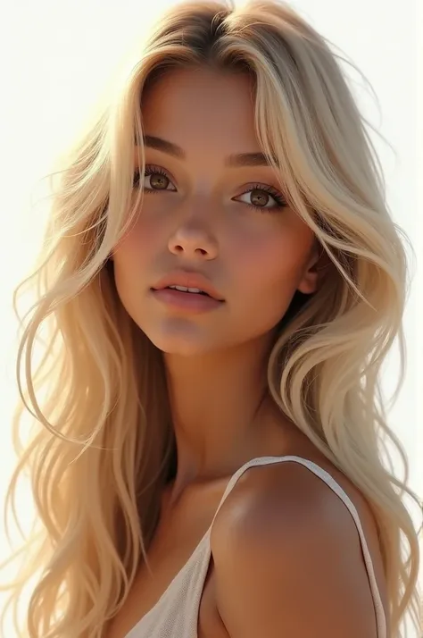  a blonde girl with light hair , brown eyes , dark skin,  in the background and with a white background