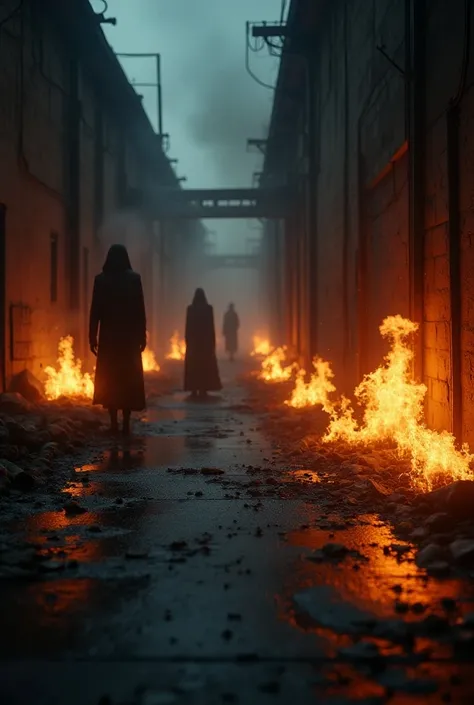 (photorealism:1.2), scenario, Gray concrete wet ground, fire around,at night,
