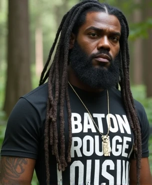 Kevin gates light-skinned look a like with full beard that frames his face long length locs wearing a baton rouge Louisiana T shirt mean taking getting a picture taken in the woods he is tall and lanky 4k ultra realistic photo high quality Modern, High Res...