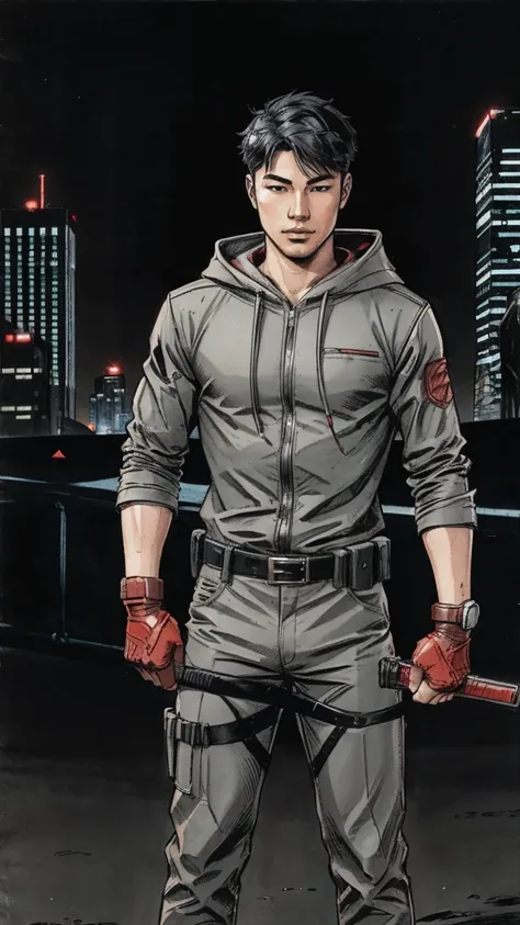 Masculine Youth 20 years old Asian Men Rouge, Wearing Sexy Costume Grey Color, wearing hood, showing his body, showing his men clevage, holding weapon gun, standing behind Night City, full body portrait from head to toe, showing full body portrait from hea...