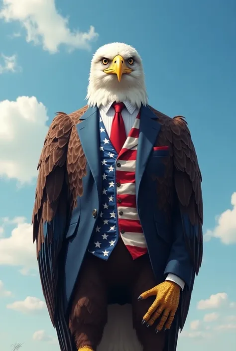 An eagle wearing a suit with the American flag pattern.