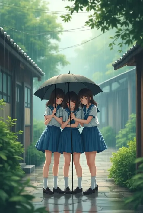 beauties and tiny school girls under the rain