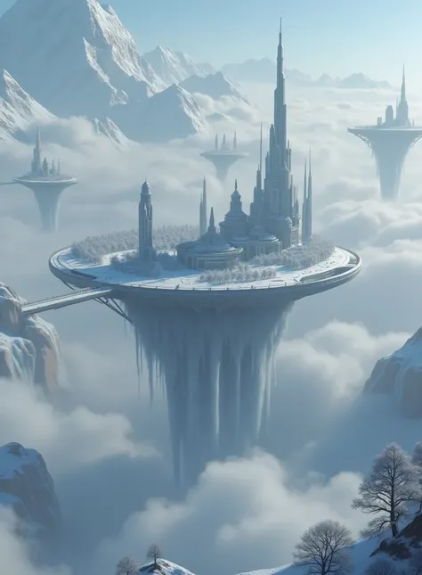  A huge floating platform in the sky holding a huge city.  Waterfalls fall on its banks , and snow falls insistently on houses . The trees are frozen ,  and the totally futuristic city .  Another 5 smaller platforms are connected to this. 

- Dont crop the...